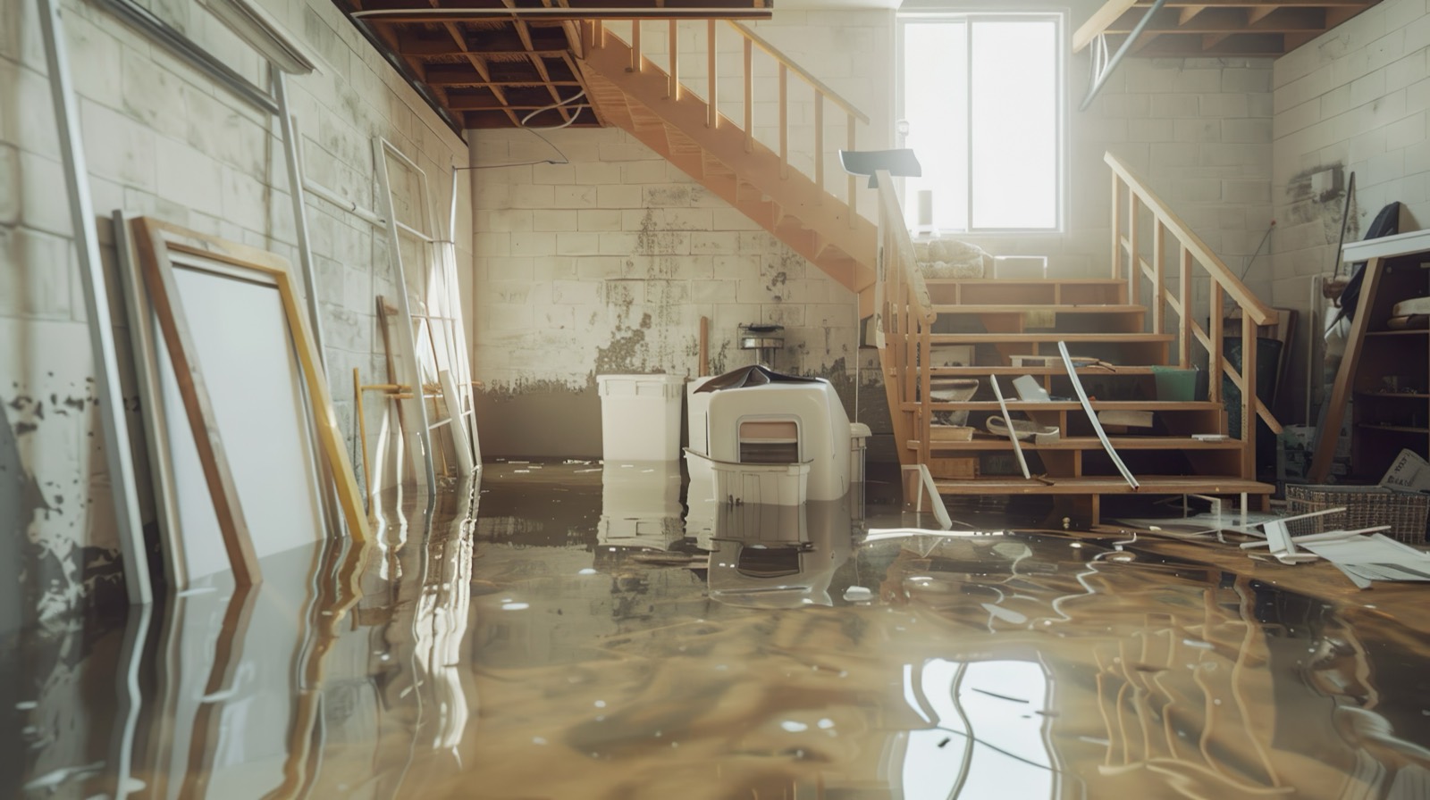 Water pooled across a residential basement floor with a visible water line staining the wall